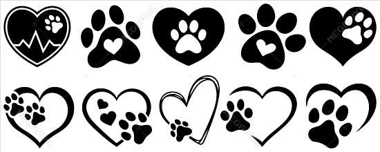 Set of dog\'s paws, hearts with dogs paws, hearts icon of dogs paws on a white background