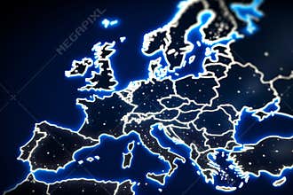 Aerial View of Glowing Blue Map of Europe at Night with City Lights