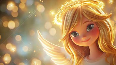 3d rendering of a cute angel with blonde hair and a golden halo smiling surrounded by golden lights, perfect for