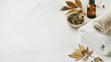 Natural spa setting with a white background featuring towels, essential oil, dried flowers, and autumn leaves. Perfect