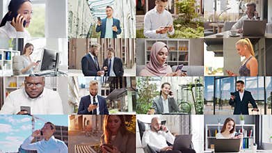 Collage with many different people using smartphone devices. Set collection of many video clips with men and women with