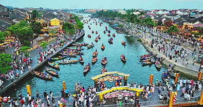 Hoi An ancient town by Thu Bon River in Vietnam