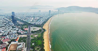 The coastal city of Quy Nhon seen from above in the morning