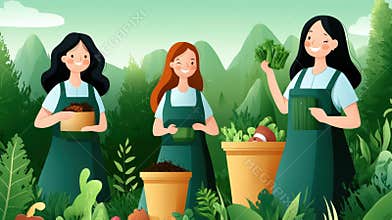 Three women in aprons holding plants and vegetables, AI