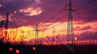 Sunset over power lines with vibrant clouds in a rural landscape