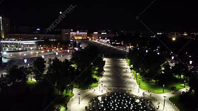 Aerial Freedom Square in night Kharkiv city