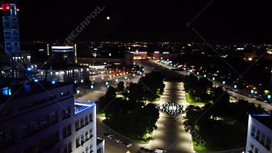 Aerial Freedom Square in night Kharkiv city