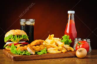 Fast food menu with hamburger, chicken nuggets and french fries