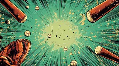 Dynamic comic book-style baseball theme with explosive energy featuring bats, balls, and glove