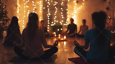 Meditating group by candlelight during a cozy Christmas gathering