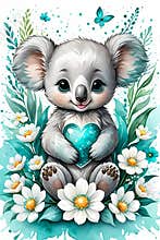 A cute chibi baby koala surrounded by white and teal flower, holding a green heart shaped, butterfly, white background, cartoon