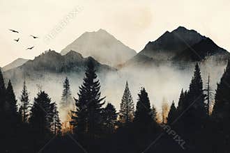Misty mountain landscape with silhouette trees and birds in flight at dawn