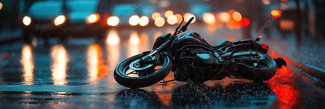 Motorcycle accident on rainy city street at night with blurred lights and reflections