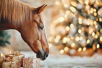 Festive horse with gifts and bokeh Christmas lights in a warm holiday setting