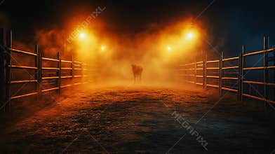 Eerie Misty Farm Pathway at Night with Silhouette of a Lone Cow