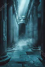 Mystical ancient ruins with fog and dramatic light in an eerie atmosphere