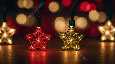 Christmas stars string lights on red night - abstract defocused bokeh in background