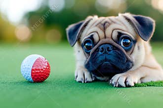 A small pug dog laying on the grass next to a golf ball