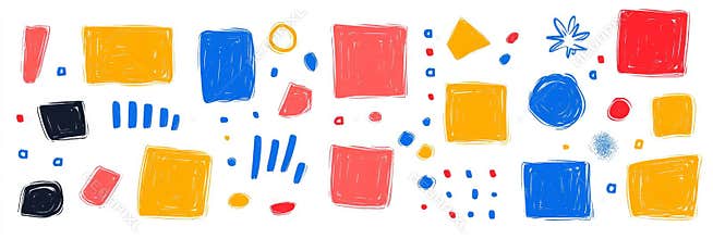 Hand-drawn colorful doodle frame set with box, square, rectangle, and circle shapes. Brush pen line strokes and scribble