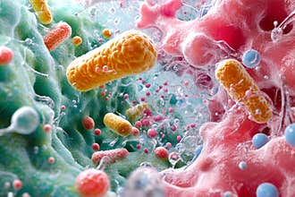 Close-up conceptual image of the gut microbiome, focusing on beneficial bacteria like Lactobacillus, Bifidobacterium
