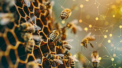 A busy bee hive with bees communicating and exchanging information through intricate dance moves symbolizing the quick