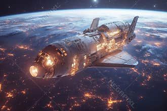 A spacecraft orbits Earth at night, showcasing illuminated cities and the vast cosmos beyond