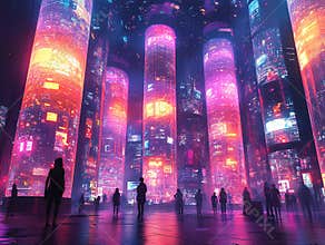 Image portrays a futuristiccybernetic environment with large, vertical pillars emitting bright colors and digital