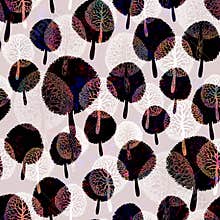 Doodle seamless pattern with brown trees silhouettes.