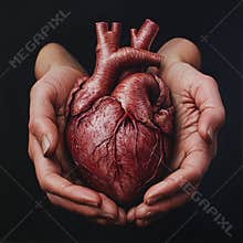 Human heart model held in hands on black background, medical concept