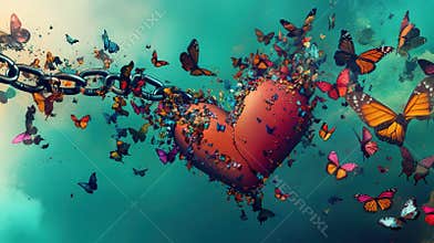 Shattered heart with butterflies escaping, symbolic illustration