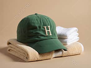 Green Baseball Cap Resting on Soft Towels, A Stylish and Relaxing Scene