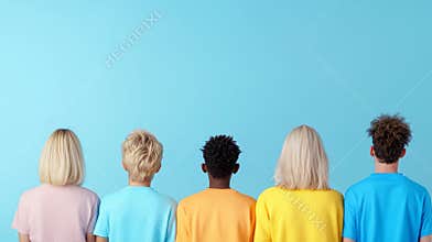 Five diverse colleagues standing together in colorful t-shirts, showcasing unity and teamwork in a vibrant setting with