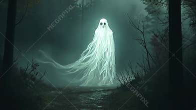 Ghostly apparition wanders through a misty forest at night, captivating viewers with its eerie presence