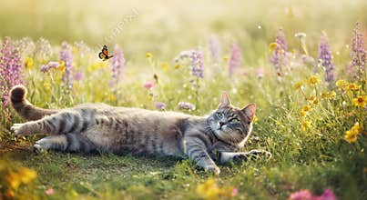 Serene cat enjoying nature in a vibrant wildflower meadow