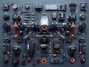 Dismantlement diagram of Drone, the Drone is in the middle of the picture, and Drone parts are neatly placed around it