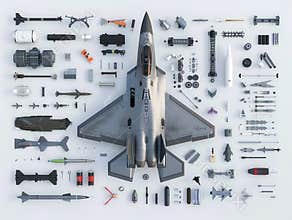 Dismantlement diagram of Fighter Jet, the Fighter Jet is in the middle of the picture, and Fighter Jet parts are neatly