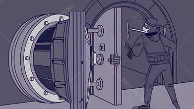 Masked Burglar Opening Large Vault Door with Crowbar