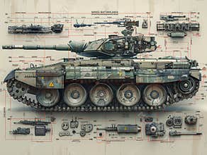 Dismantlement diagram of Main Battle Tank, the Main Battle Tank is in the middle of the picture, and Main Battle Tank
