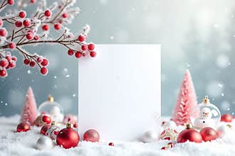 Blank Card with Christmas Decorations in Snow, Red and White Ornaments and Winter Trees Background