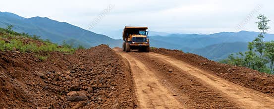 Mining truck transporting materials on a dirt road in a mountainous landscape, highlighting industrial operations in a