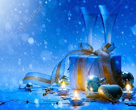Art Christmas and New Year party; champagne, gift