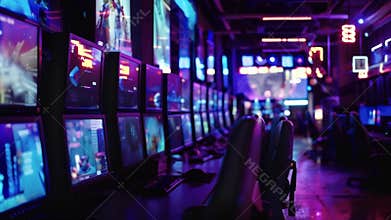 Neon lights and holographic displays create a colorful futuristic backdrop for the ultimate cyber battle royale