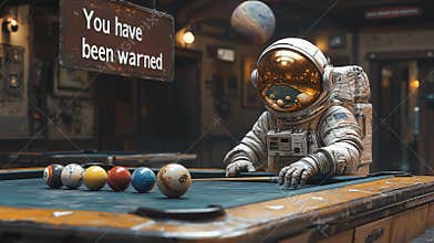 Astronaut playing pool in futuristic bar setting