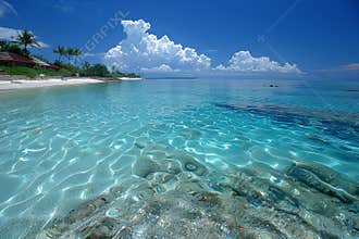 Serene close up of gentle sea waves and palm trees on a tropical island beach paradise