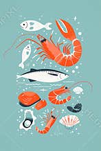 Vertical poster design in flat minimalistic style, solid blue background, flat illustrations of