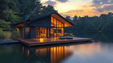 Tranquil lakefront cabin at sunset with serene natural surroundings and modern architecture