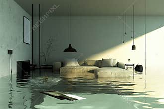 Modern living room interior flooded with water at sunset