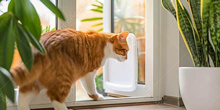 Ginger cat stepping through pet door in modern home interior
