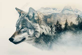 Double exposure of a wolf with a mountain landscape in a serene setting