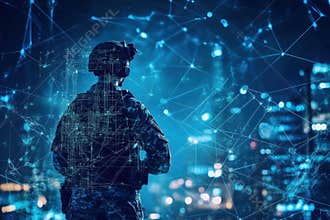 Soldier observing a futuristic city skyline illuminated at night with digital overlays and networks